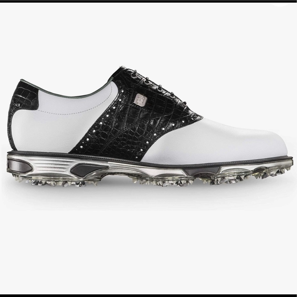 Men’s FootJoy Golf Shoes. DryJoys Tour Style. Color: White+Black Croc Print.